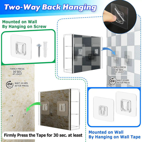 Instructions for two-way hanging of Wall Mount Acrylic Golf Ball Display Case With 3 Tiers Holds 12 Balls, with tape and screws.