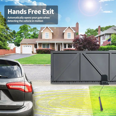 Vehicle Exit Sensor Kit For Wired Driveway Gates With 50 Ft Cable, Hands Free Car Detector Wand installed on driveway gate