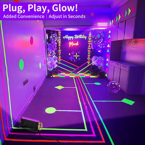50W LED Black Lights With Switch And Plug Two Pack IP66 Waterproof For Indoor And Outdoor Glow Creates Realistic Fluorescent Effects With 385 To 400 Nanometer Light Party Ready Glow For Parties Venues And Home Rooms Up To 10x10 Feet. black light lighting a neon birthday party room