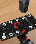 Dead On Aluminum Alloy Shelf Pin Drill Template With Six Knurled Steel Bushings For Flawless Perfect Cabinet Hardware Install And Zero Drama Woodworking Setup showing drilling process on wooden surface.