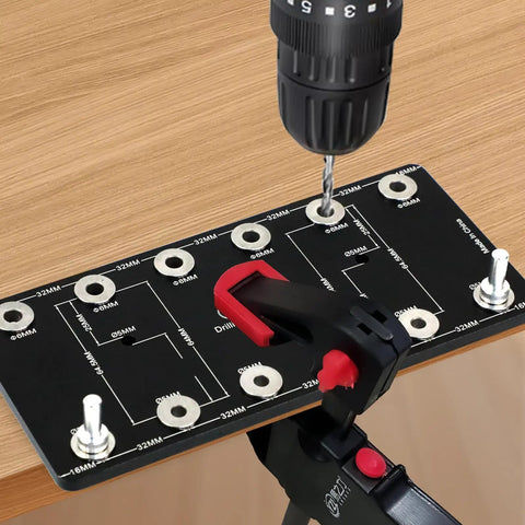 Dead On Aluminum Alloy Shelf Pin Drill Template With Six Knurled Steel Bushings For Flawless Perfect Cabinet Hardware Install And Zero Drama Woodworking Setup showing drilling process on wooden surface.