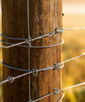 Close-up of wooden post with wire mesh attached using 280 Piece Galvanized Steel Fence Staples Set For Wire Mesh And Woven Fencing, Heavy Duty U Shaped Nails With Storage Box For Garden, Farm, And Home Fence Repairs.