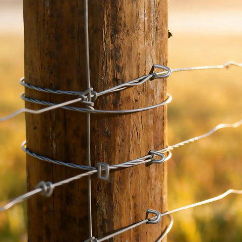 Close-up of wooden post with wire mesh attached using 280 Piece Galvanized Steel Fence Staples Set For Wire Mesh And Woven Fencing, Heavy Duty U Shaped Nails With Storage Box For Garden, Farm, And Home Fence Repairs.