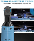 Cordless Electric Ratchet Wrench Kit With Forty Ft Lb Torque, Three Eighths Inch Drive, forward reverse switch usage demo