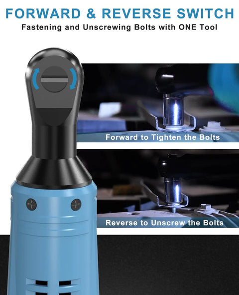Cordless Electric Ratchet Wrench Kit With Forty Ft Lb Torque, Three Eighths Inch Drive, forward reverse switch usage demo