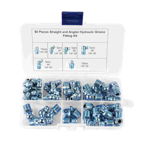 All In One Grease Fitting Kit 50 Piece Automotive Zerk Fittings Brass Lubrication Set in open plastic case