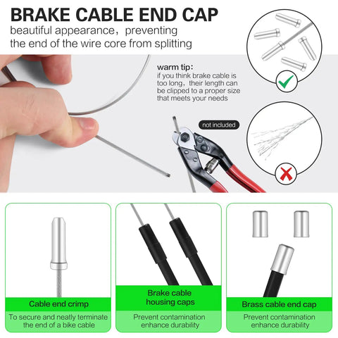 Brake cable end cap illustration showing installation process for durability with various wire and cap options for bikes.