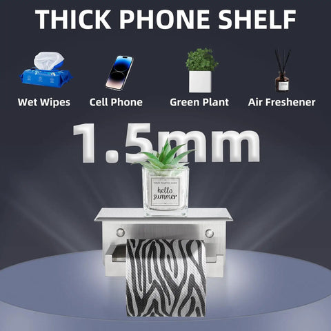 Brushed Nickel Toilet Paper Holder With Large Phone Shelf, 304 Stainless Steel Wall Mounted Bathroom Paper Roll Dispenser