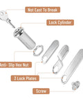 Heavy Duty Cabinet Locks With Keys Two Pack Long Cam Style Solid As A Rock Security For Drawers And Workspace Storage Units Keyed Alike Durable Zinc Alloy Hardware Includes Mounting Screws showing lock cylinder, key, hex nut, lock plates, and screw.