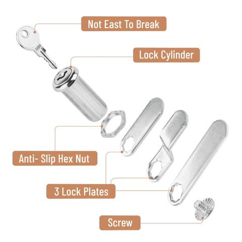 Heavy Duty Cabinet Locks With Keys Two Pack Long Cam Style Solid As A Rock Security For Drawers And Workspace Storage Units Keyed Alike Durable Zinc Alloy Hardware Includes Mounting Screws showing lock cylinder, key, hex nut, lock plates, and screw.