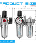 Half Inch NPT Air Filter Regulator Lubricator Dryer Gauge Kit Water And Oil Separator 3 In 1 Twin Unit front and side view