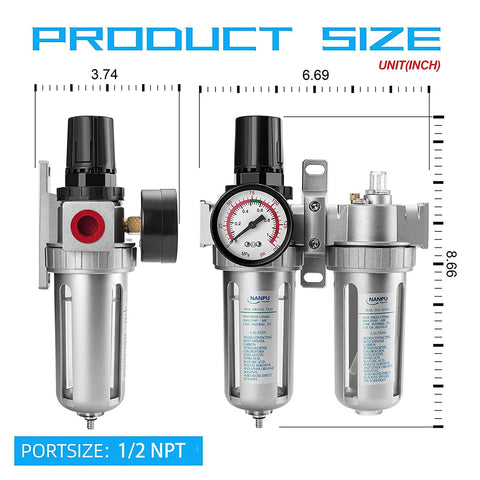Half Inch NPT Air Filter Regulator Lubricator Dryer Gauge Kit Water And Oil Separator 3 In 1 Twin Unit front and side view