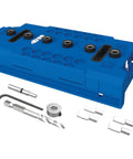 Pro Grade Shelf Hole Jig For Clean Wobble Free Shelves With Six Hardened Steel Drill Guides, Five Mm Hole Size, Increments Of One And A Quarter Inches, And A 32 Mm System, Durable Diy Woodworking Tool For Precise Shelving Installations in a blue casing with accessories shown. 