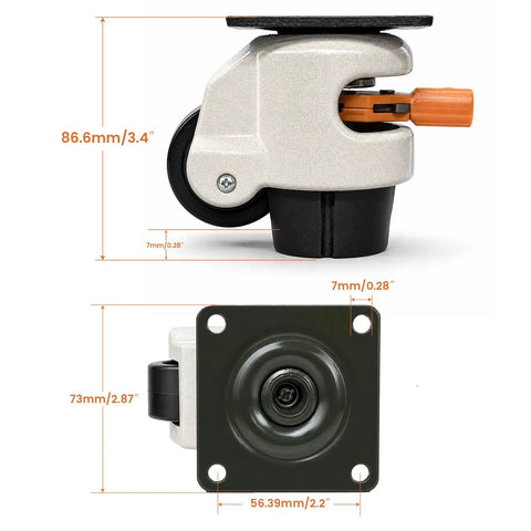 Heavy Duty Leveling Casters Set Of Four 2200 Lb Capacity Industrial Floor Levelers With Ratchet Handle, side view with measurements.