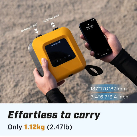 Person holding 20 PSI Electric Paddle Board Pump S1 Portable SUP Air Pump with phone, showing size and weight details.