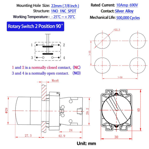 Diagram of Two Position Latching Rotary Selector Switch 10A 660VAC SPDT 1NO 1NC IP65 Waterproof 22mm Panel Mount