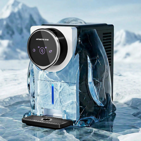 Heavy Duty Compact Nugget Ice Maker For Countertop With Auto Dispenser Makes Up To 33 Lbs Of Chewable Pebble Ice Daily showcased in a cool setting.