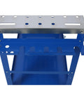Heavy Duty Steel Welding Table 36 By 18 Inch Shop Workhorse On Wheels With 1200 Pound Capacity Lockable Rolling Casters Built In Tool Tray top view of blue frame with metal surface and tool slots