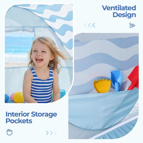 Pop Up Baby Beach Tent With UPF 50+ Canopy showing interior storage pockets and blue wave stripes design with child inside