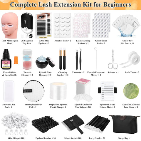 All In One Lash Extension Practice Kit For Beginners With Mannequin Head And USB Lash Fan Includes Glue Remover 0.07D Mixed Lashes