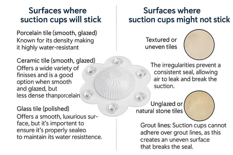 Kick Daily Drain Headaches To The Curb With This 2 Pack Hair Catcher Drain Cover guide showing surfaces for suction cup adhesion.