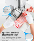 Heavy Duty 1500W Electric Bone Saw Works Like A Champ Crushing Frozen Beef Chicken Fish And Pork Blocks Up To Five Point Nine Inches Thick Includes Six Razor Ready Blades For Low Stress Prep On A Roomy Twenty By Fifteen Inch Commercial Table with stainless steel workbench.