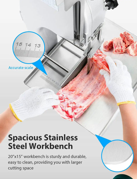 Heavy Duty 1500W Electric Bone Saw Works Like A Champ Crushing Frozen Beef Chicken Fish And Pork Blocks Up To Five Point Nine Inches Thick Includes Six Razor Ready Blades For Low Stress Prep On A Roomy Twenty By Fifteen Inch Commercial Table with stainless steel workbench.