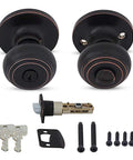 Anti Bump Front Door Knob With Lock And Keys For Interior And Exterior Doors In Oil Rubbed Bronze Finish, hardware set shown