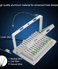 JUDYSSY Solar Flood Lights 50W Led Floodlight Outdoor Spotlight design with aluminum material and 180° heat dissipation feature.