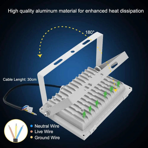 JUDYSSY Solar Flood Lights 50W Led Floodlight Outdoor Spotlight design with aluminum material and 180° heat dissipation feature.