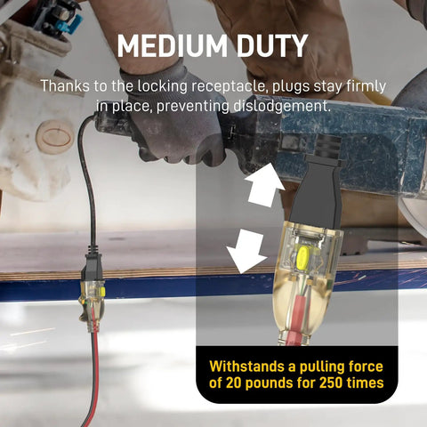Heavy Duty Outdoor Extension Cord 25 Ft 14/3 Gauge Waterproof with Locking LED Plugs being used with power tools