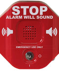 Exit Stopper Multifunction Door Alarm With Stop Sign Deterrent, Durable Polycarbonate Housing, Detects Unauthorized Exits And Entries On Emergency Doors, Budget Friendly Alternative To Heavy Bar Units, 3 Year Polycarbonate Breakage Guarantee front view
