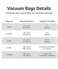 Vacuum Storage Bags Large 5 Pack With Hand Pump For Clothes And Linens, size and capacity chart