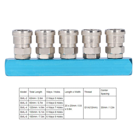 G1/4 Aluminum Air Distribution Block With Straight Air Hose Splitter Pneumatic Manifold And Connector SML-5 with 5 outlets diagram