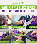 Collage showing Streak Free Screen Cleaner Spray Bundle With 8oz And 2oz Bottles And Four Microfiber Cloths cleaning screens