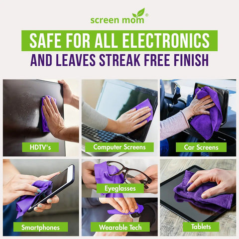 Collage showing Streak Free Screen Cleaner Spray Bundle With 8oz And 2oz Bottles And Four Microfiber Cloths cleaning screens