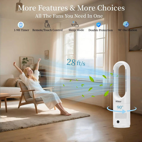 All Season Bladeless Space Heater And Tower Fan Combo With Remote Eight Speeds Quiet 25dB 90 Degree Oscillation 9H Timer shown in a living room