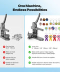 3 In 1 Button Maker Kit With 1 In, 1.25 In, And 2.25 In Molds for DIY projects, showing machine, molds, and creative outputs.