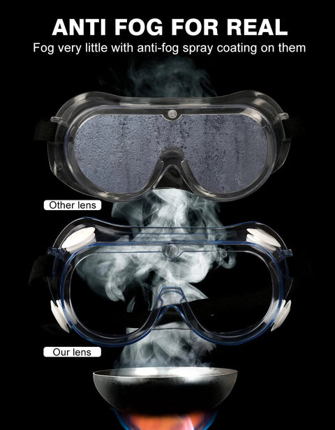 MELASA safety goggles with anti-fog lenses; front view shows two goggles labeled Other lens and Our lens amid steam.