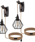 Two Pack Plug In Farmhouse Wall Sconces Set With Industrial Wheel Cage Shade In Black, 13ft Hemp Rope Cord, Adjustable Hanging Height