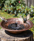 12.3 Inch Solar Fountain Bird Bath For Outdoors Copper Finish, Metal Bird Bath Bubbler For Garden Patio Decor in use with birds