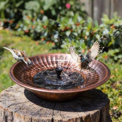 12.3 Inch Solar Fountain Bird Bath For Outdoors Copper Finish, Metal Bird Bath Bubbler For Garden Patio Decor in use with birds