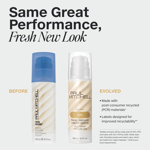 Old and new design of Twirl Around Cream Serum For Curly And Wavy Hair With Frizz Control And Soft Touchable Hold A Cream Gel Hybrid That Defines Curls, Boosts Definition And Bounce, 5.1 Fl Oz, highlighting recyclable packaging.