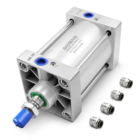 Rugged Pneumatic Air Cylinder With 3.94 Inch Bore And 2.95 Inch Stroke, Double Acting Single Rod, M20x1.5 Threaded Rod, Half Inch Port, Includes Four Push In Fittings, Built Tough High Precision Linear Actuator For Automated Motion Control