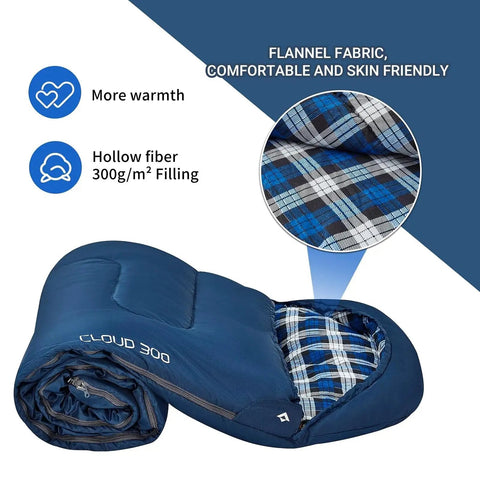 Lightweight Waterproof Kids Sleeping Bag For Cold Weather, Flannel Insulation, 44.6F Comfort, 35.6F Limit, blue plaid interior.