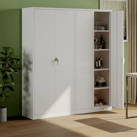 Heavy Duty Lockable Steel Storage Cabinet With Four Adjustable Shelves 71 Inch Tall Holds 400 Lbs Per Shelf Non Toxic Zero VOC For Garage Shop Office Or Warehouse White Finish, open