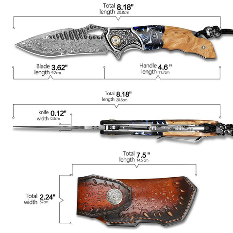 Detailed view of Damascus Steel Folding Knife With Resin Fusion Maple Wood Handle 8 Inch EDC Pocket Knife with sheath and clip