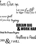 Five Sheets Peel And Stick Vinyl Wall Decals With Seven Inspirational Quotes for Mirrors and Rooms Never Give Up shown on surface.