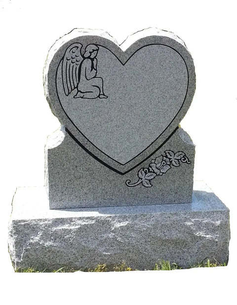 Heart Cemetery Memorial Headstone And Base With Two Design Options, Custom Engraved Gray Granite Upright Monument, Polished Die With Matching Base For Grave featuring angel engraving