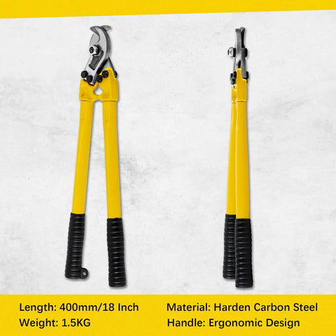Heavy Duty 18 Inch Cable Cutter With Long Handle Hardened Carbon Steel Head Perfect For Aluminum Cable Copper Wire And Communication Cables Up To 1.5 Inches, front and side view